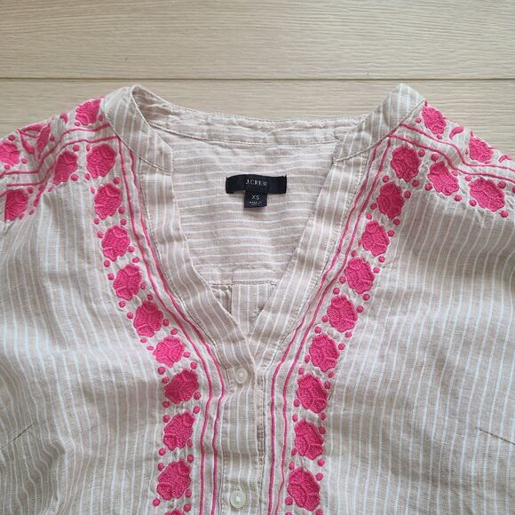J. Crew Top XS Beige Striped Pink Embroidered‎ Linen Boho Pullover Shirt - Picture 3 of 11